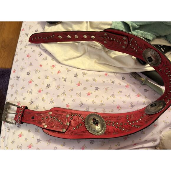 Juan Antonio Red Tooled Leather Western Belt Studded Silver Concho Wide Kidney S